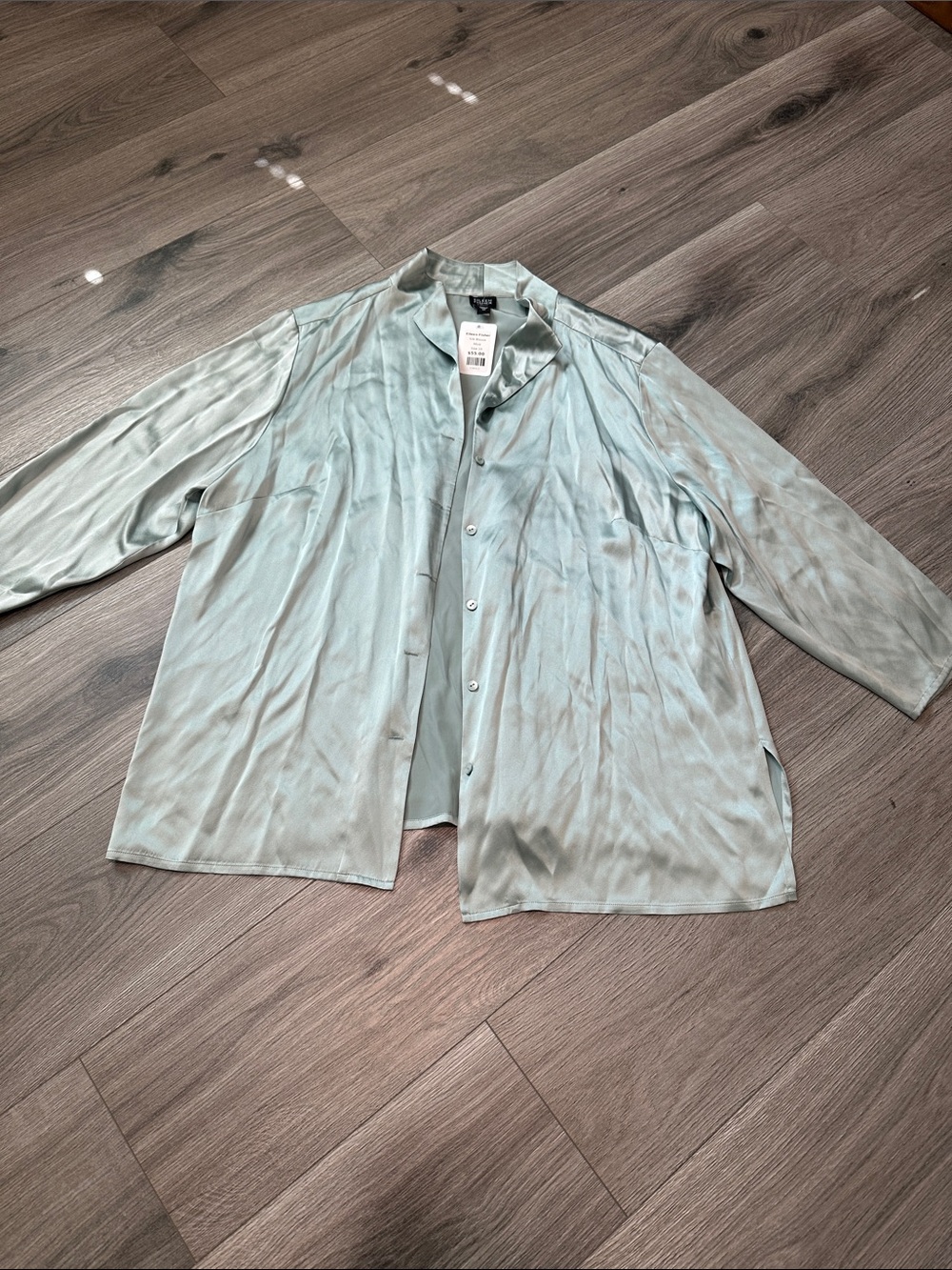 Eileen Fisher Mint Silk Button-Up Blouse